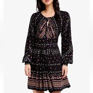 Free People Coryn Long Sleeve Printed Mini Dress Sz 6 Black Boho Festival